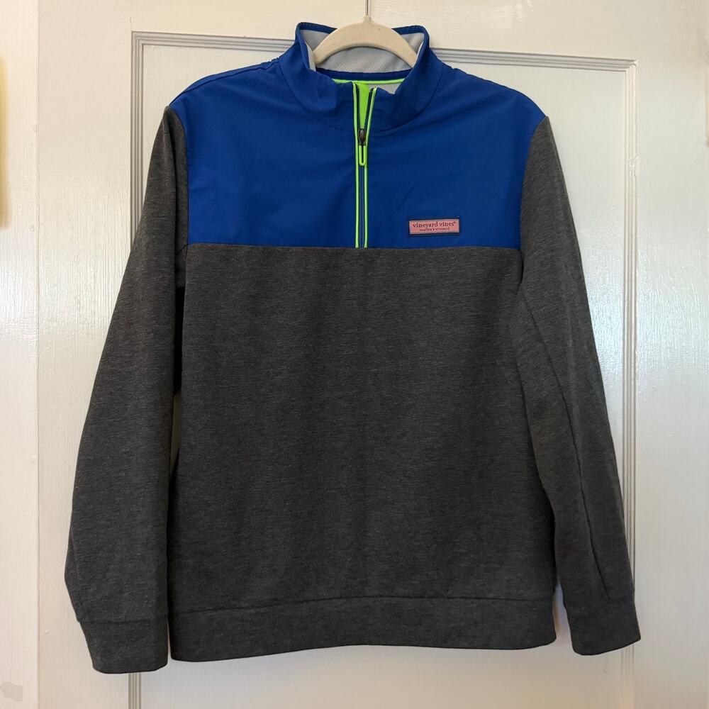 Vineyard Vines Performance 1/4 Zip Pullover Blue Gray Neon Trim Size Small
